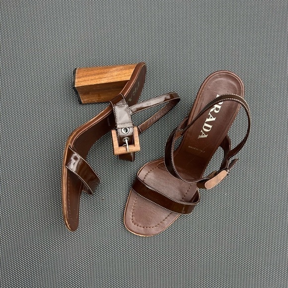 Vintage PRADA Patent Leather Wooden Heel Sandals - Picture 1 of 5